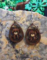 Teardrop with bear hand-panted + wood + resin earrings 