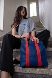 Image 2 of Lunch bag, handmade - blue with red straps