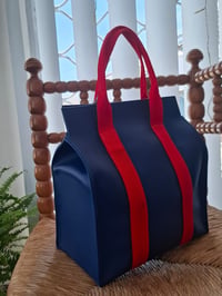 Image 1 of Lunch bag, handmade - blue with red straps