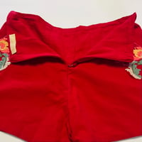 Image 6 of Womens Pinup Rockabilly Shorts, Red flat front high rise fitted embroidered design on sides