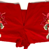 Image 10 of Womens Pinup Rockabilly Shorts, Red flat front high rise fitted embroidered design on sides