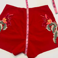 Image 5 of Womens Pinup Rockabilly Shorts, Red flat front high rise fitted embroidered design on sides