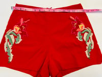 Image 4 of Womens Pinup Rockabilly Shorts, Red flat front high rise fitted embroidered design on sides