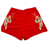 Image 1 of Womens Pinup Rockabilly Shorts, Red flat front high rise fitted embroidered design on sides