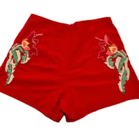 Image 2 of Womens Pinup Rockabilly Shorts, Red flat front high rise fitted embroidered design on sides