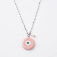 Image 1 of Χειροποίητο Κολιέ "Pink Eye & Pearl" – Ατσάλινη Αλυσίδα