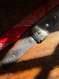 Image 4 of WL&A Handmade Large Heavy Ingot Winged Royston Zia Leather Bow Guard Bracelet - Wrist Size 6" to 8"