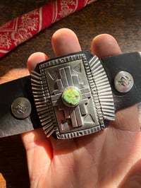 Image 2 of WL&A Handmade Large Heavy Ingot Winged Royston Zia Leather Bow Guard Bracelet - Wrist Size 6" to 8"