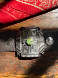 Image 3 of WL&A Handmade Large Heavy Ingot Winged Royston Zia Leather Bow Guard Bracelet - Wrist Size 6" to 8"
