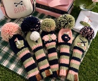 Image 1 of Navy, Pink and sage green preppy embroidered handknit GOLF Club Covers choice of design custom gift