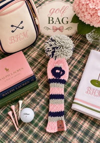 Image 2 of Navy, Pink and sage green preppy embroidered handknit GOLF Club Covers choice of design custom gift