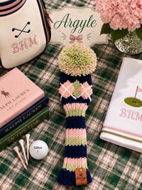 Image 3 of Navy, Pink and sage green preppy embroidered handknit GOLF Club Covers choice of design custom gift