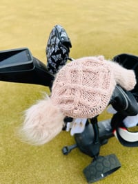 Image 1 of Cable wool blend hand knit Golf club driver Cover light pink blush with fur Pom Pom