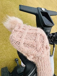 Image 2 of Cable wool blend hand knit Golf club driver Cover light pink blush with fur Pom Pom