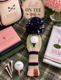 Image 6 of Navy, Pink and sage green preppy embroidered handknit GOLF Club Covers choice of design custom gift