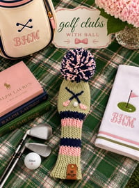 Image 7 of Navy, Pink and sage green preppy embroidered handknit GOLF Club Covers choice of design custom gift