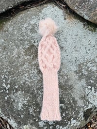 Image 3 of Cable wool blend hand knit Golf club driver Cover light pink blush with fur Pom Pom