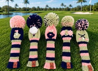 Image 8 of Navy, Pink and sage green preppy embroidered handknit GOLF Club Covers choice of design custom gift