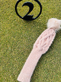 Image 4 of Cable wool blend hand knit Golf club driver Cover light pink blush with fur Pom Pom