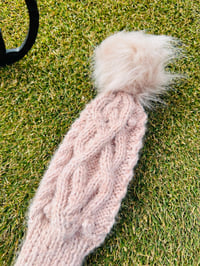Image 5 of Cable wool blend hand knit Golf club driver Cover light pink blush with fur Pom Pom