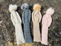 Image 6 of Cable wool blend hand knit Golf club driver Cover light pink blush with fur Pom Pom