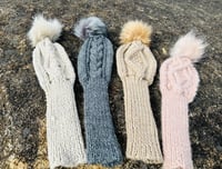 Image 7 of Cable wool blend hand knit Golf club driver Cover light pink blush with fur Pom Pom