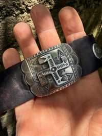 Image 4 of WL&A Handmade Heavy Ingot Medicine Whirling Log Leather Bow Guard Bracelet - Wrist Size 6" to 8"