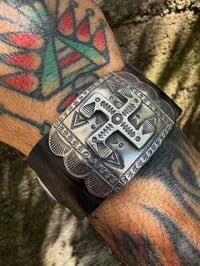 Image 1 of WL&A Handmade Heavy Ingot Medicine Whirling Log Leather Bow Guard Bracelet - Wrist Size 6" to 8"
