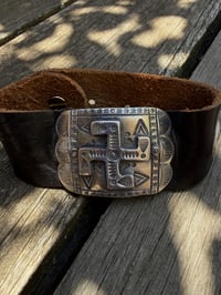 Image 5 of WL&A Handmade Heavy Ingot Medicine Whirling Log Leather Bow Guard Bracelet - Wrist Size 6" to 8"