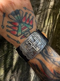 Image 2 of WL&A Handmade Heavy Ingot Medicine Whirling Log Leather Bow Guard Bracelet - Wrist Size 6" to 8"