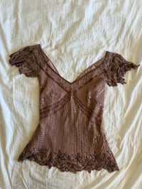 Image 1 of Vintage Y2K insane silk beaded and iridescent sequin top with frilly embellished sleeves 