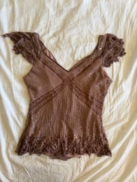 Image 2 of Vintage Y2K insane silk beaded and iridescent sequin top with frilly embellished sleeves 
