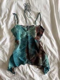 Image 1 of Vintage Y2K brown blue dreamy fairy cami with handkerchief hem and tie detail 