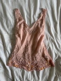 Image 1 of Vintage Y2K silk baby pink sequin and beaded top 