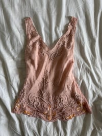 Image 7 of Vintage Y2K silk baby pink sequin and beaded top 