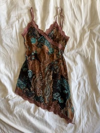 Image 1 of Vintage Y2K Italian asymmetrical hem brown fairy top with lace and sparkly detail 