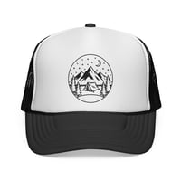 Image 1 of Camping Mountain Trucker Cap — Night Sky Tent Outdoor Hat