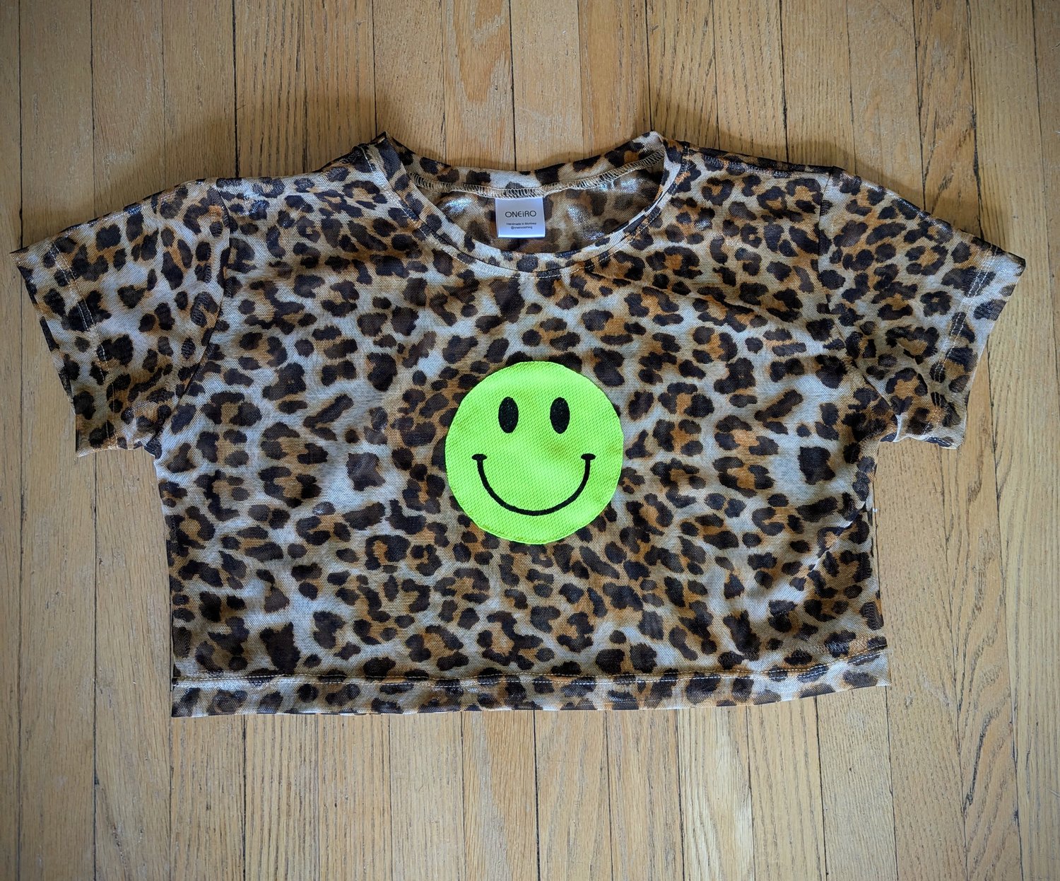 Image of Ready-To-Ship Cheetah Mesh Happy Face Top Size Small
