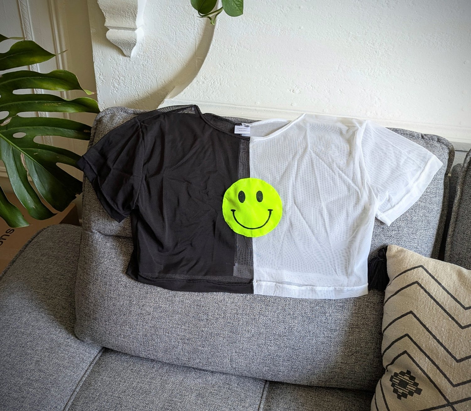 Image of Two Tone Mesh Happy Face Crop Top M/L