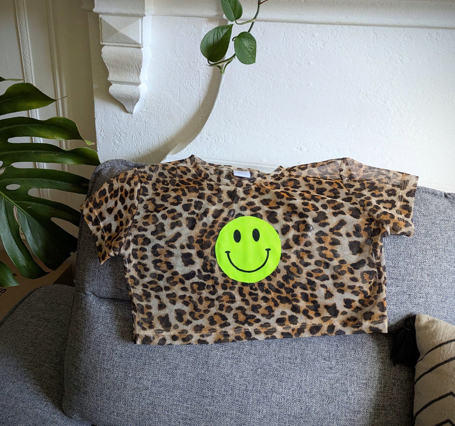 Image of Ready-To-Ship Cheetah Mesh Happy Face Top Size Small