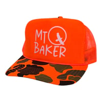 Mt Baker Raven Moon Camo Trucker Hat - Mt baker raven moon hunter orange