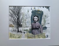 Image 1 of original mixed media art on paper matted 11 x14 " vintage girl in abstracted landscape