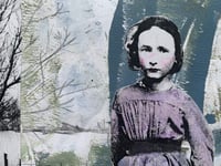 Image 2 of original mixed media art on paper matted 11 x14 " vintage girl in abstracted landscape