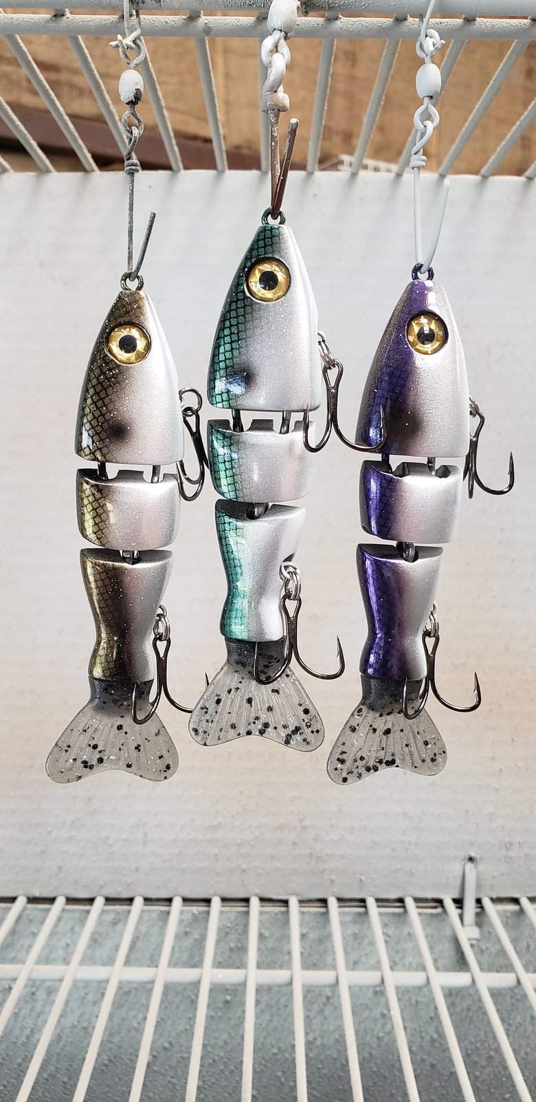 Image of 5 inch thin 3 pack, Shad trio. Gold, Green, Purple Scale.