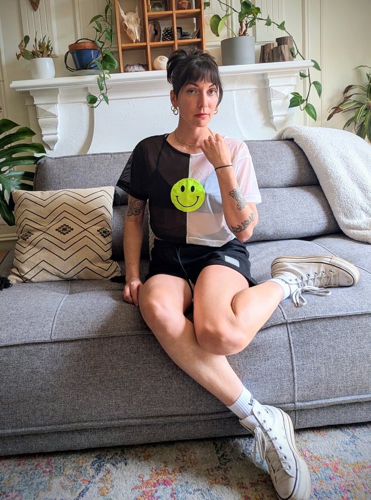 Image of Two Tone Mesh Happy Face Crop Top M/L