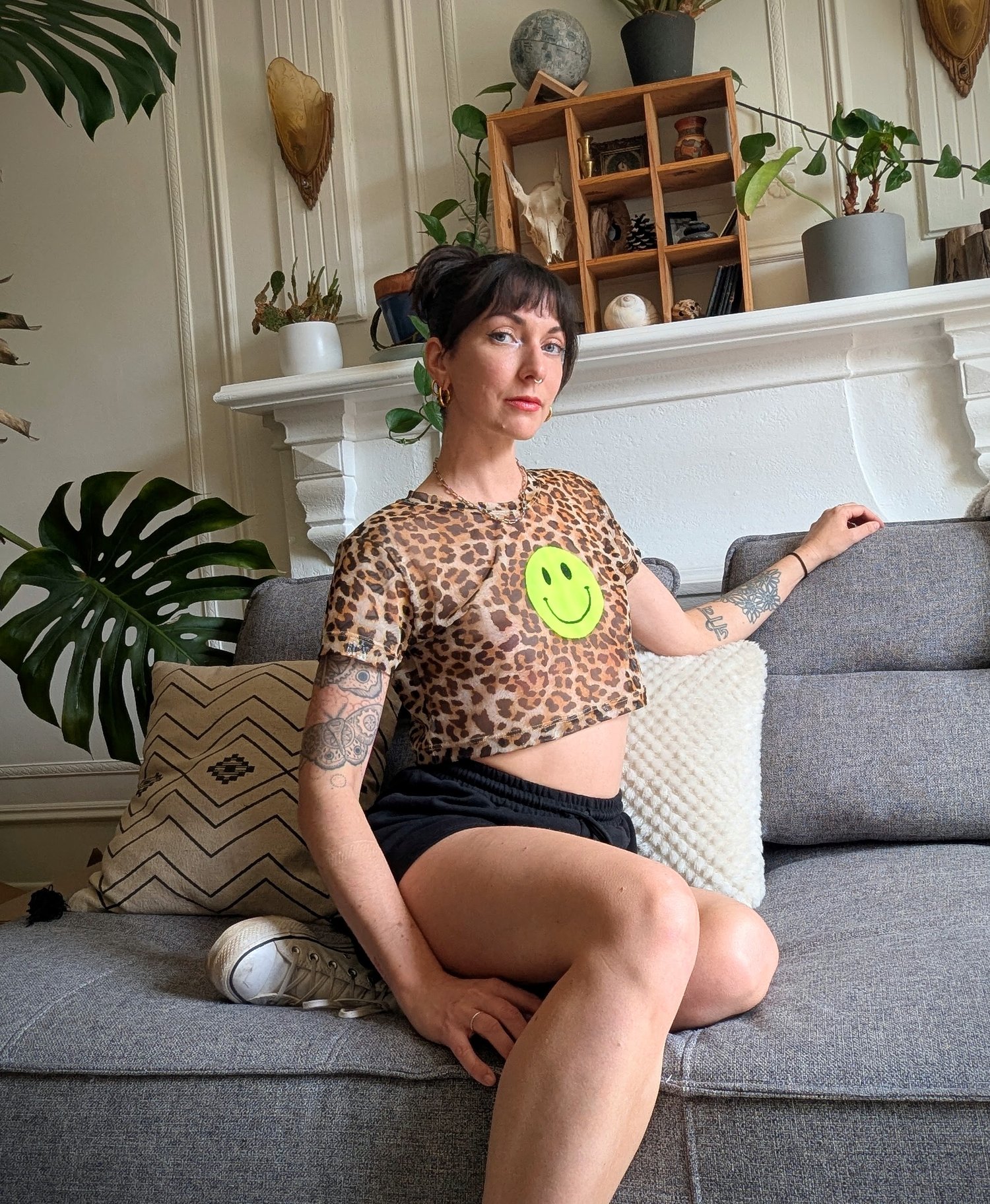 Image of Ready-To-Ship Cheetah Mesh Happy Face Top Size Small