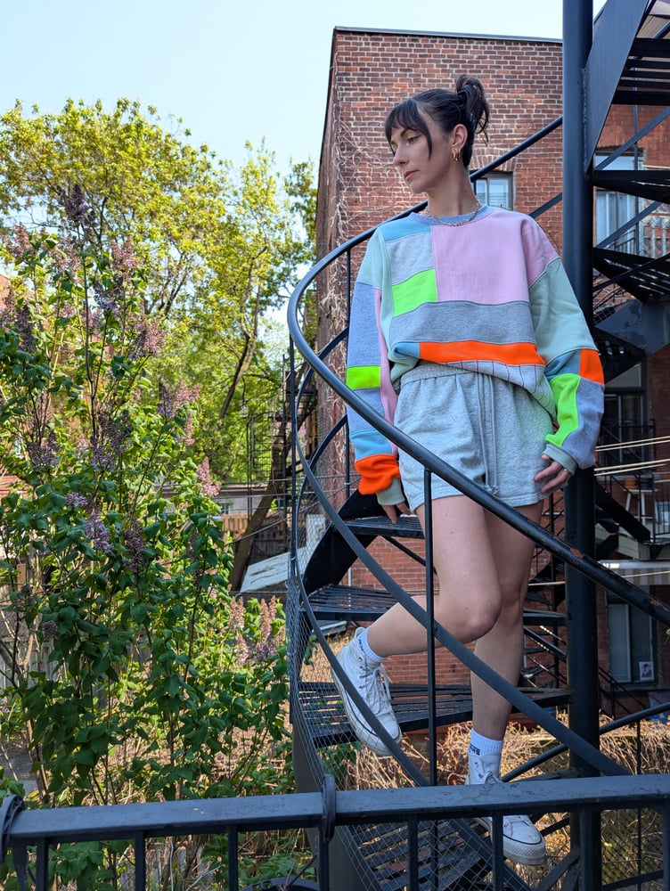 Image of OAK Unisex Large Neon and Pastel Patchwork Crew Neck