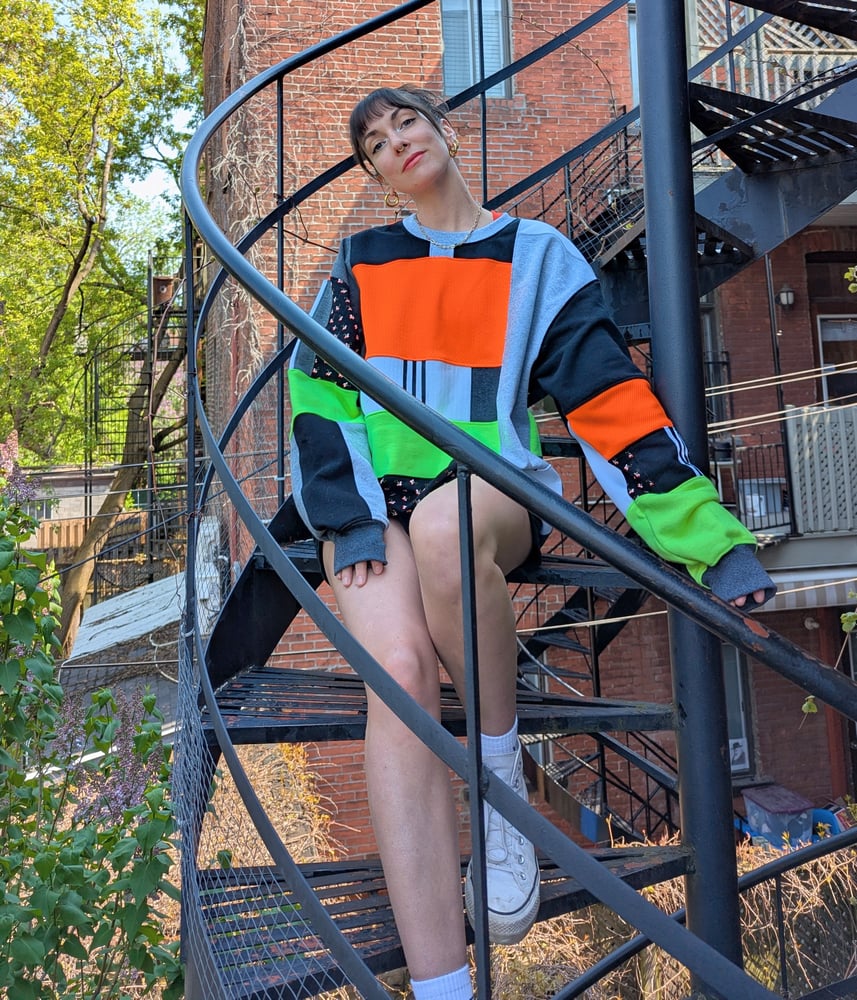 Image of OAK Unisex Large Neon Black and White Patchwork Crew Neck