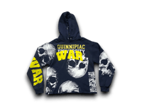 Image 1 of QUINNIPIAC University Skull war custom upcycled reworked Screen Print navy blue hoodie 