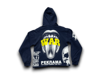 Image 2 of QUINNIPIAC University Skull war custom upcycled reworked Screen Print navy blue hoodie 